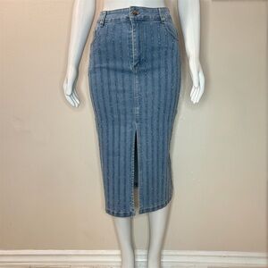 Light blue denim front slit midi skirt with rhinestone details